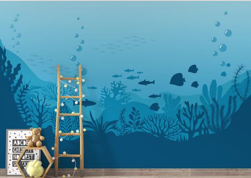 Underwater Ocean Wallpaper : Blue Fish and Coral Mural