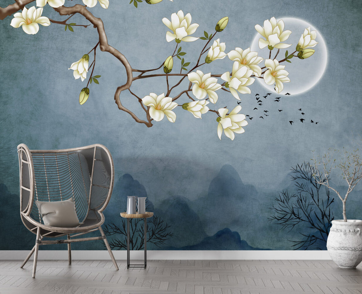 Magnolia Moon Wallpaper : Blue Misty Mountains Mural