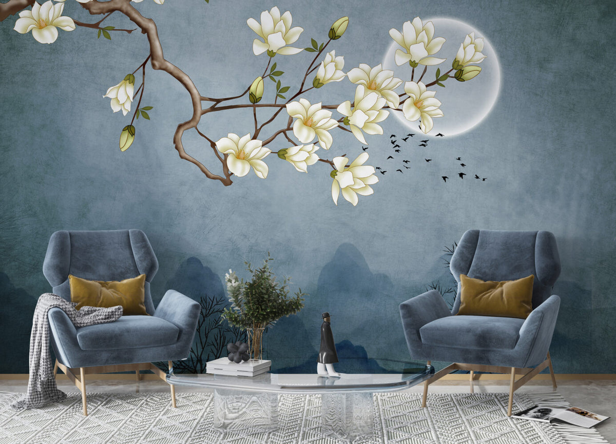 Magnolia Moon Wallpaper : Blue Misty Mountains Mural - View 2