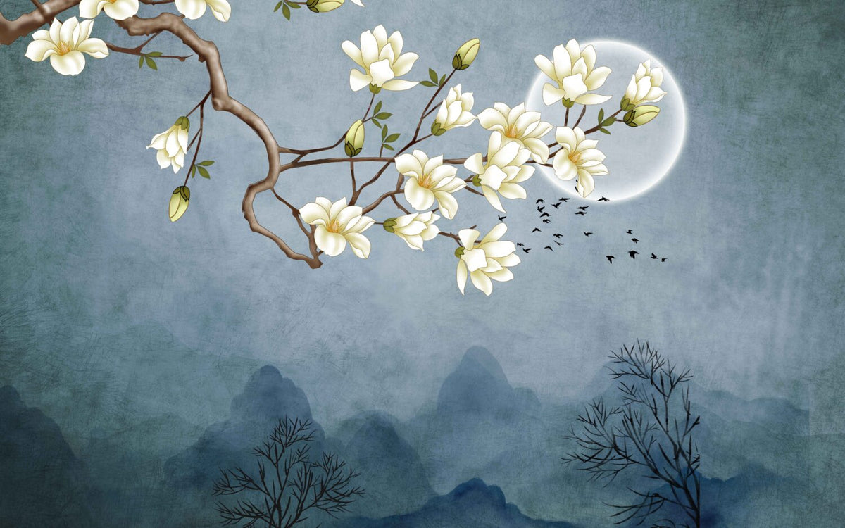 Magnolia Moon Wallpaper : Blue Misty Mountains Mural - flat design