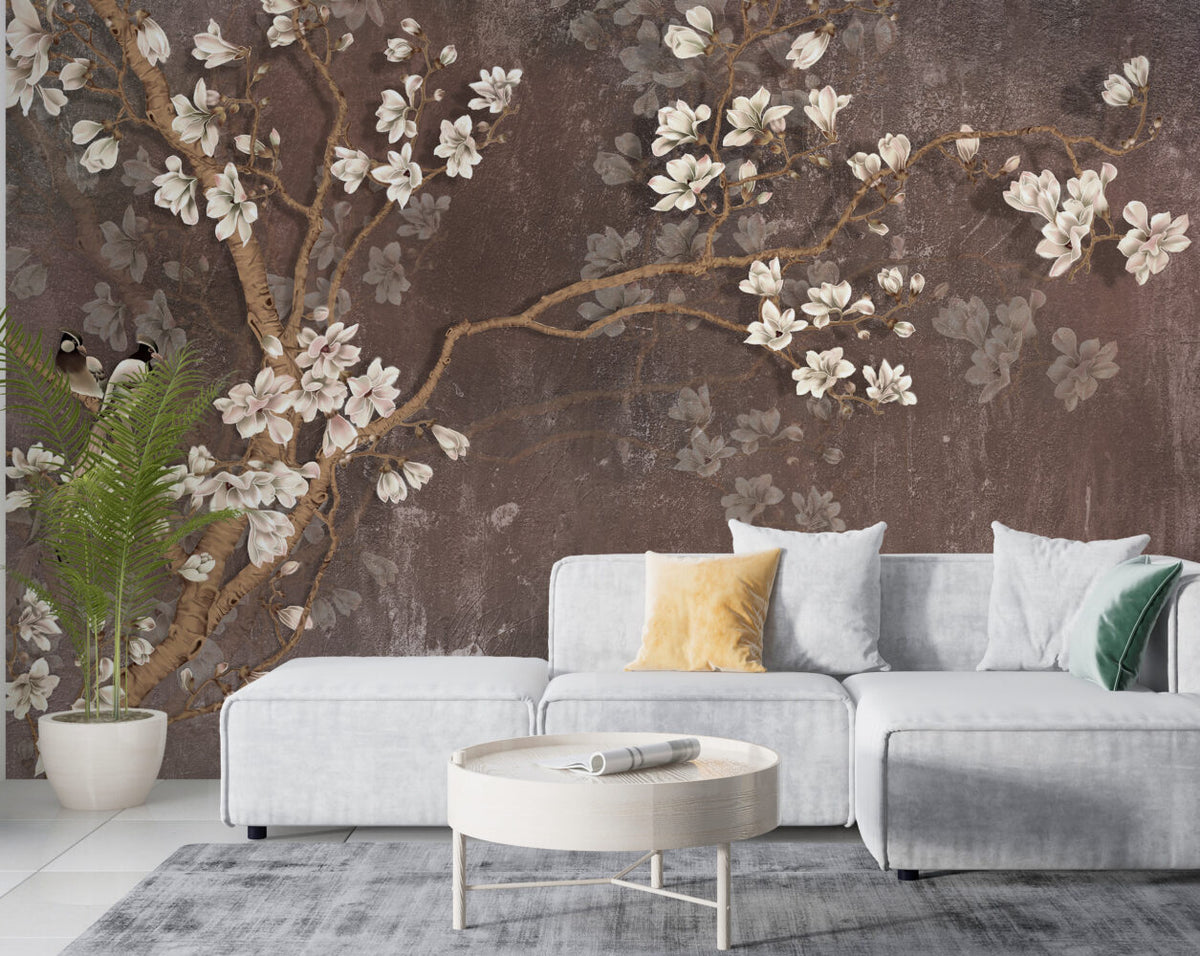 Almond Blossom Wallpaper : Cherry Branches on Distressed Brown Mural