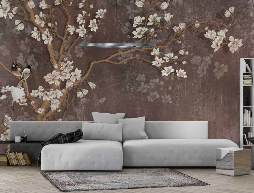 Almond Blossom Wallpaper : Cherry Branches on Distressed Brown Mural - View 2