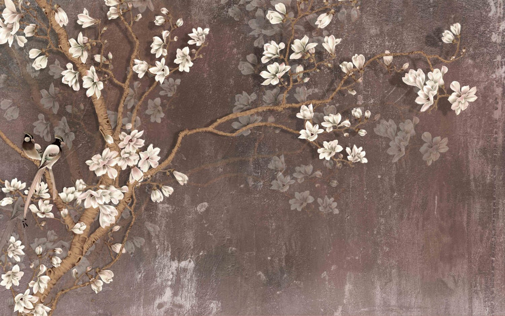 Almond Blossom Wallpaper : Cherry Branches on Distressed Brown Mural - flat design
