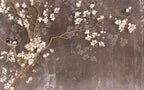 Almond Blossom Wallpaper : Cherry Branches on Distressed Brown Mural - flat design