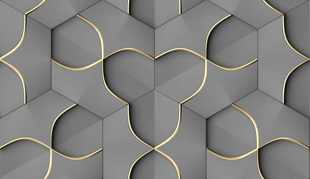 Grey 3D Hexagon Wallpaper : Gold Line Geometric Mural - flat design