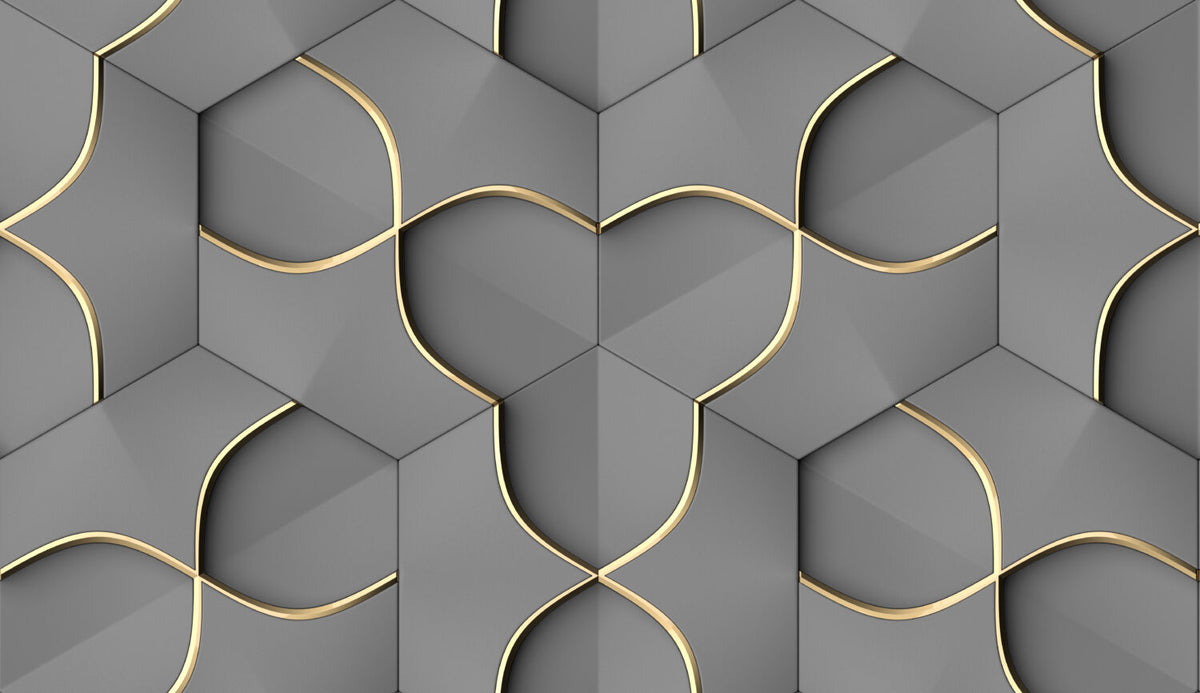 Grey 3D Hexagon Wallpaper : Gold Line Geometric Mural - flat design