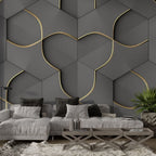 Grey 3D Hexagon Wallpaper : Gold Line Geometric Mural - View 2