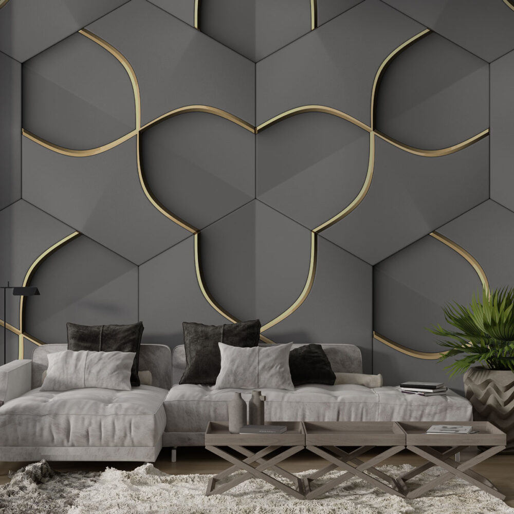Grey 3D Hexagon Wallpaper : Gold Line Geometric Mural - View 2