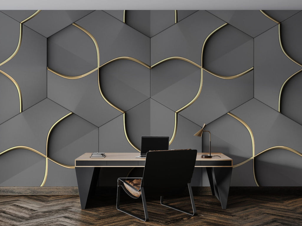 Grey 3D Hexagon Wallpaper : Gold Line Geometric Mural - View 3
