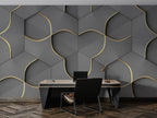Grey 3D Hexagon Wallpaper : Gold Line Geometric Mural - View 3