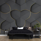 Grey 3D Hexagon Wallpaper : Gold Line Geometric Mural