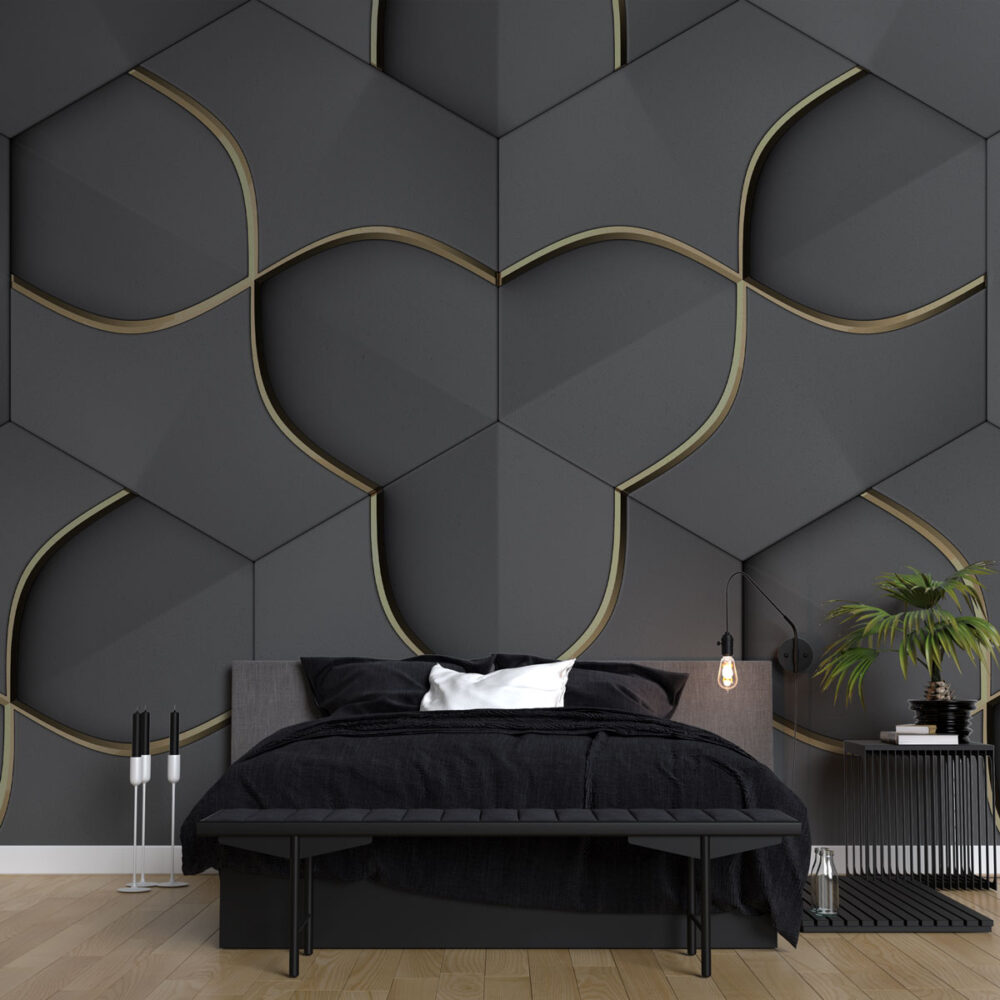 Grey 3D Hexagon Wallpaper : Gold Line Geometric Mural