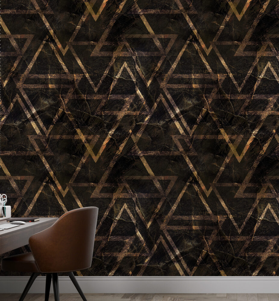 Black and Bronze Geometric Wallpaper : Art Deco Triangle Mural - View 2
