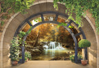 Autumn Waterfall Wallpaper : Garden Arch Forest View Mural - flat design