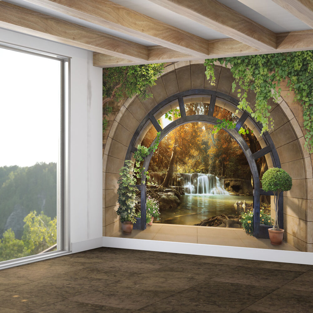 Autumn Waterfall Wallpaper : Garden Arch Forest View Mural - View 2
