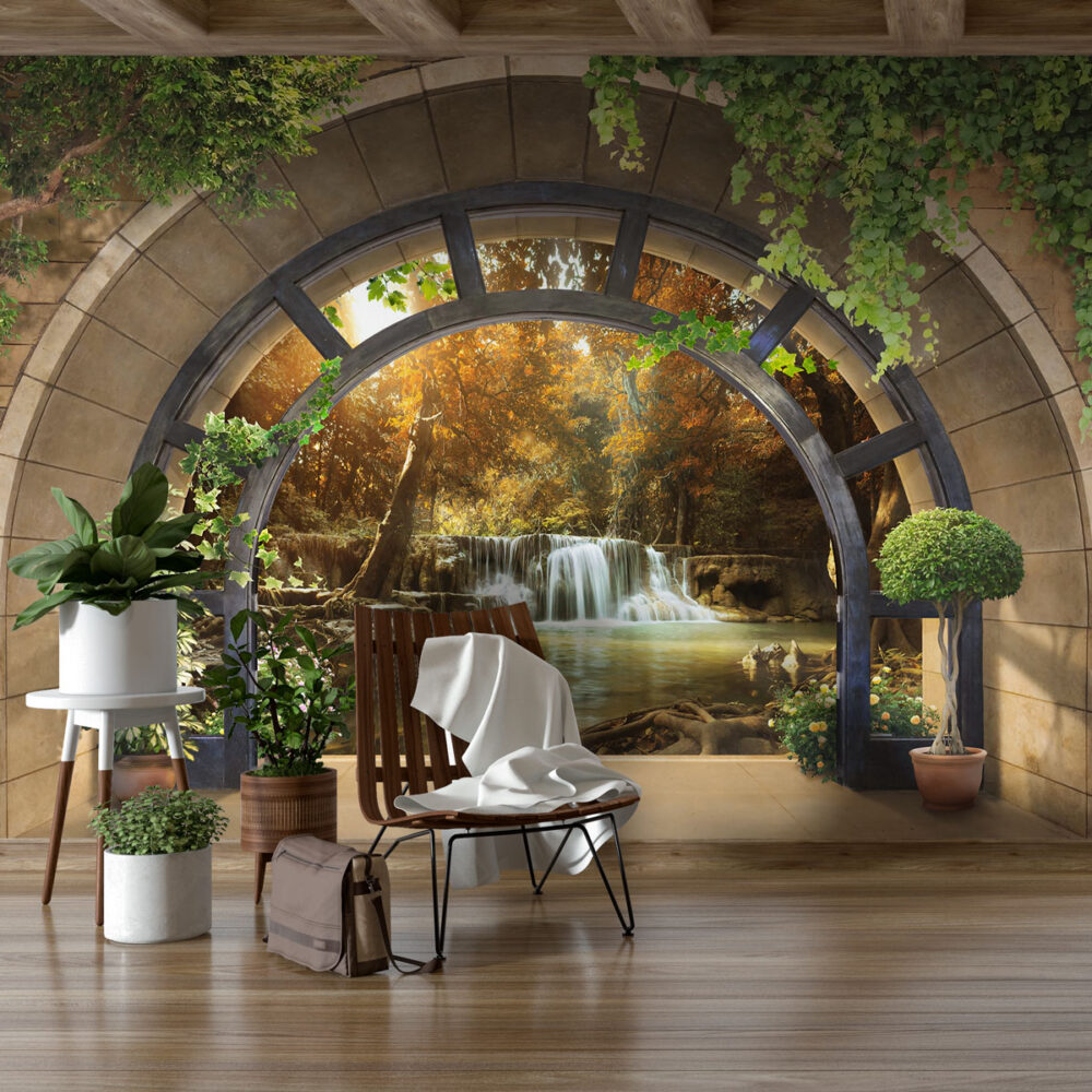 Autumn Waterfall Wallpaper : Garden Arch Forest View Mural - View 3