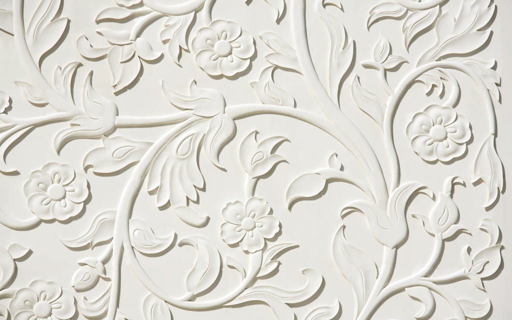 White 3D Floral Relief Wallpaper : Embossed Marble Damask Mural - flat design