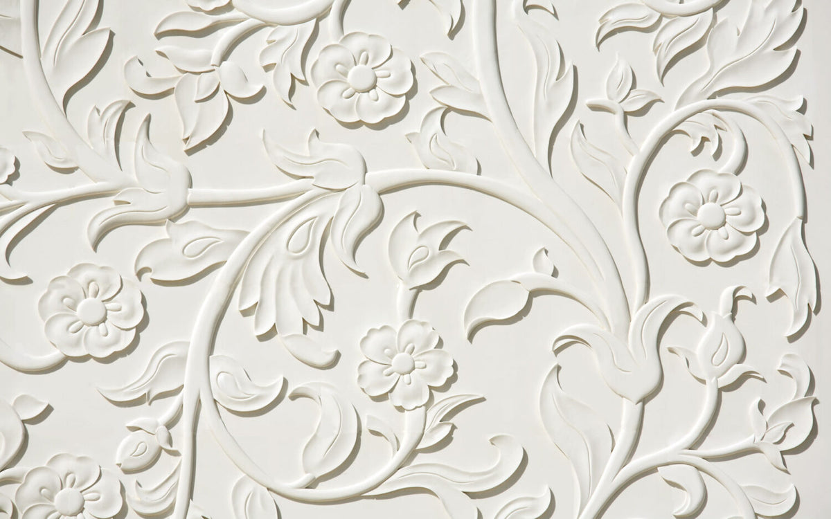 White 3D Floral Relief Wallpaper : Embossed Marble Damask Mural - flat design