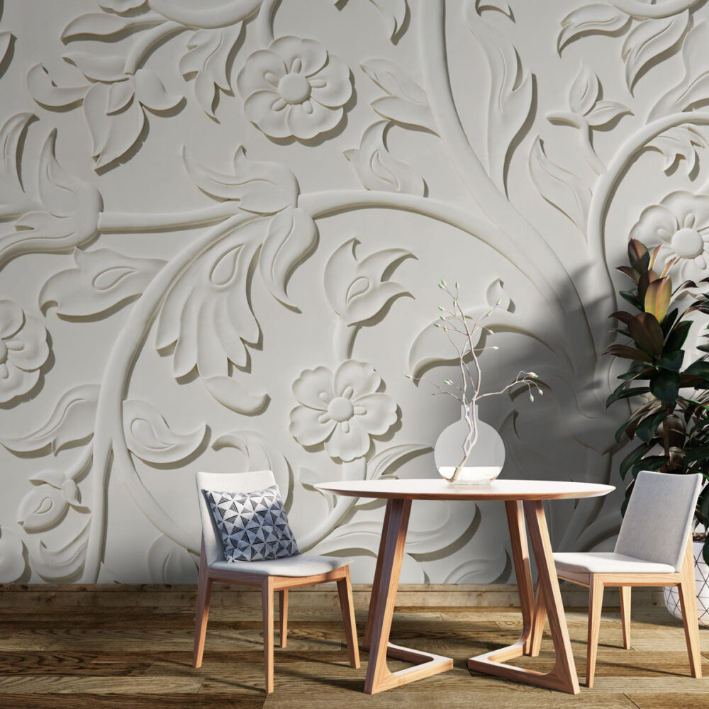 White 3D Floral Relief Wallpaper : Embossed Marble Damask Mural - View 2