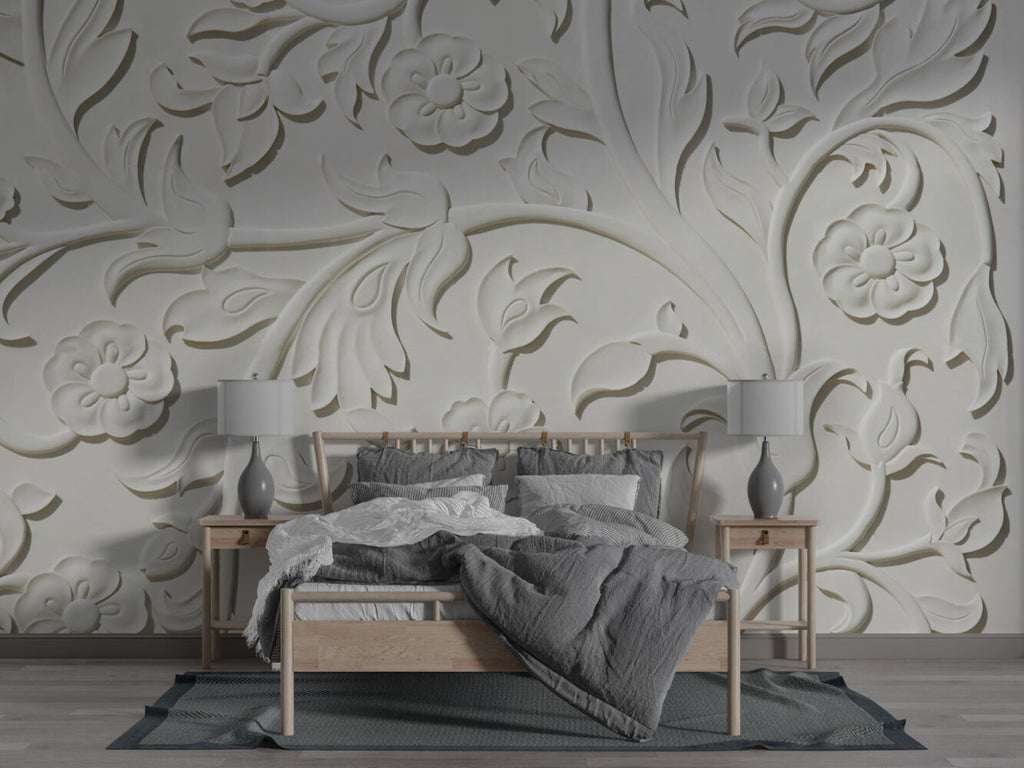 White 3D Floral Relief Wallpaper : Embossed Marble Damask Mural - View 3