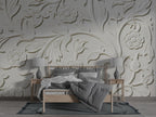 White 3D Floral Relief Wallpaper : Embossed Marble Damask Mural - View 3