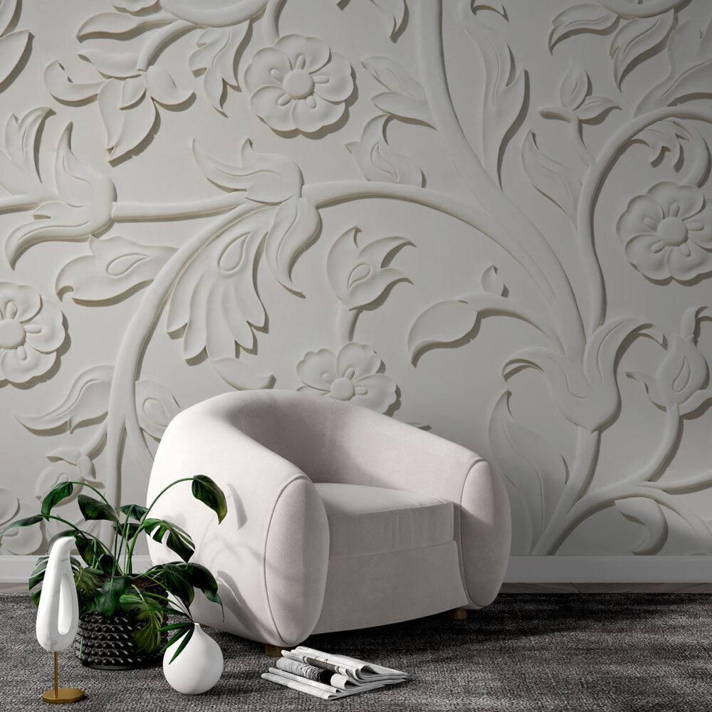 White 3D Floral Relief Wallpaper : Embossed Marble Damask Mural - View 4