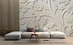 White 3D Floral Relief Wallpaper : Embossed Marble Damask Mural