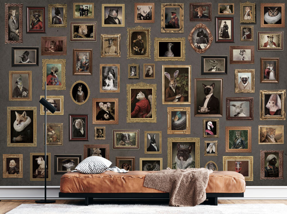 Animal Portrait Gallery Wallpaper : Framed Vintage Pet Paintings Mural