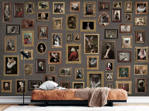 Animal Portrait Gallery Wallpaper : Framed Vintage Pet Paintings Mural