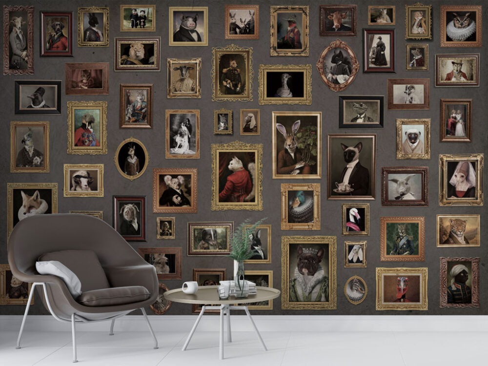 Animal Portrait Gallery Wallpaper : Framed Vintage Pet Paintings Mural - View 3