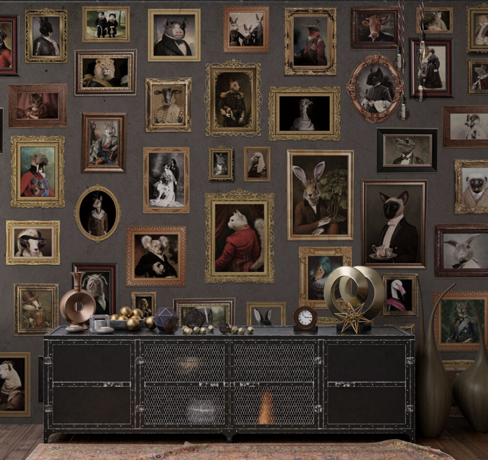 Animal Portrait Gallery Wallpaper : Framed Vintage Pet Paintings Mural - View 2