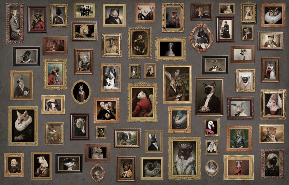 Animal Portrait Gallery Wallpaper : Framed Vintage Pet Paintings Mural - flat design