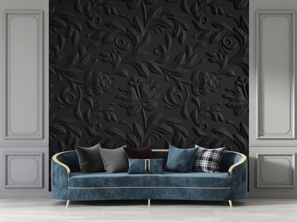 Black 3D Floral Wallpaper : Embossed Damask Flowers Mural - View 3