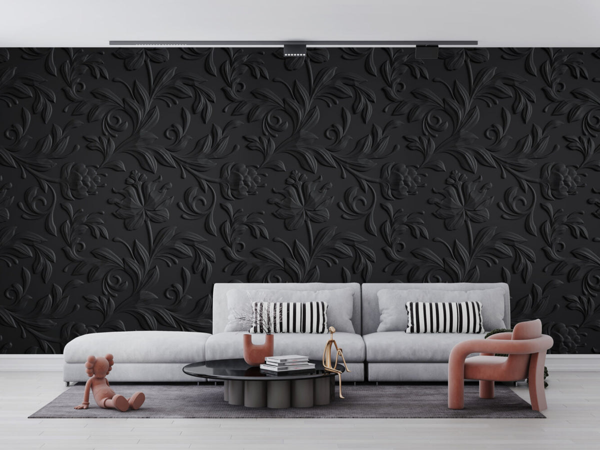 Black 3D Floral Wallpaper : Embossed Damask Flowers Mural - View 2