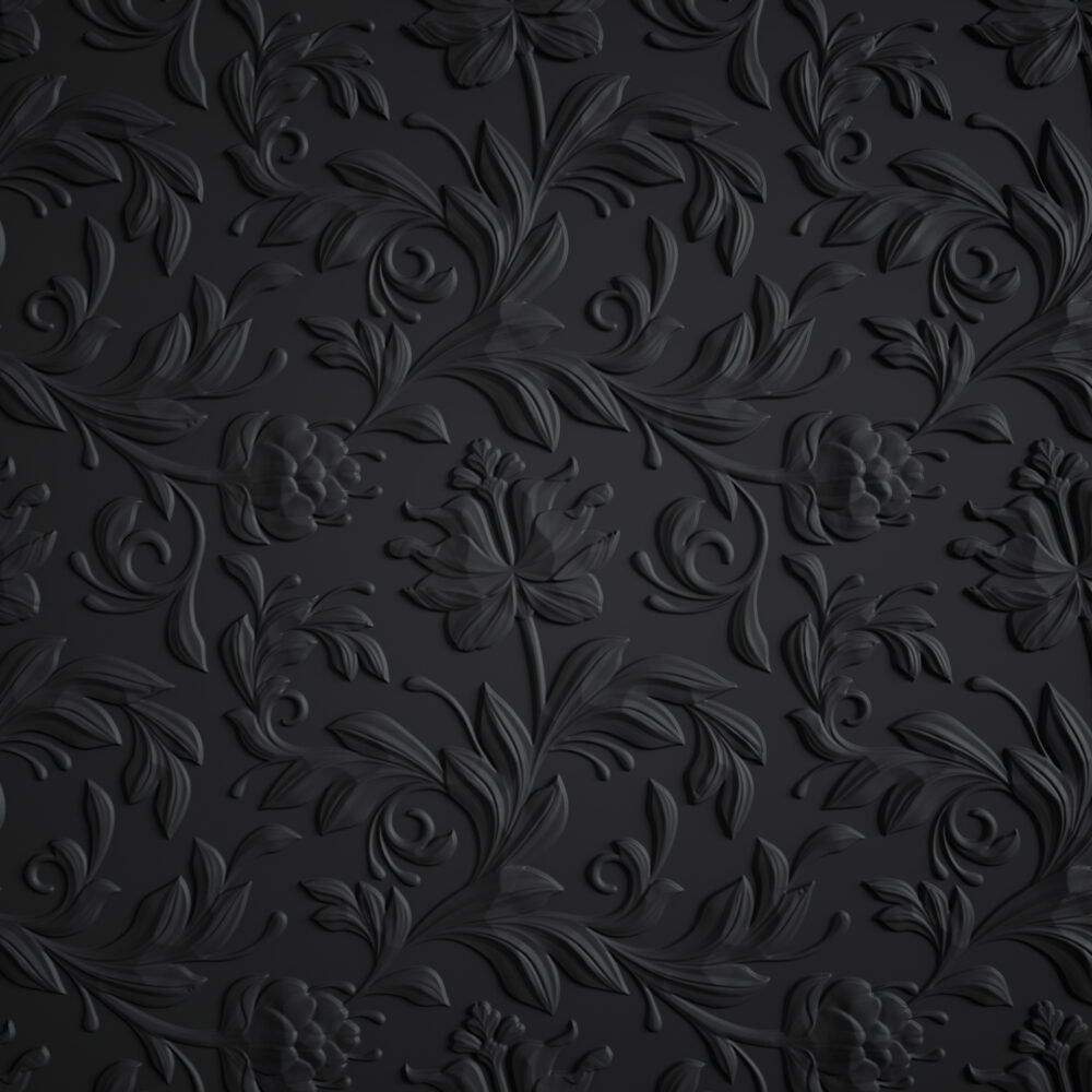 Black 3D Floral Wallpaper : Embossed Damask Flowers Mural - flat design