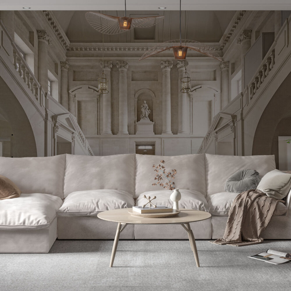 Palace Hall Wallpaper : Classical Marble Columns and Statue Mural