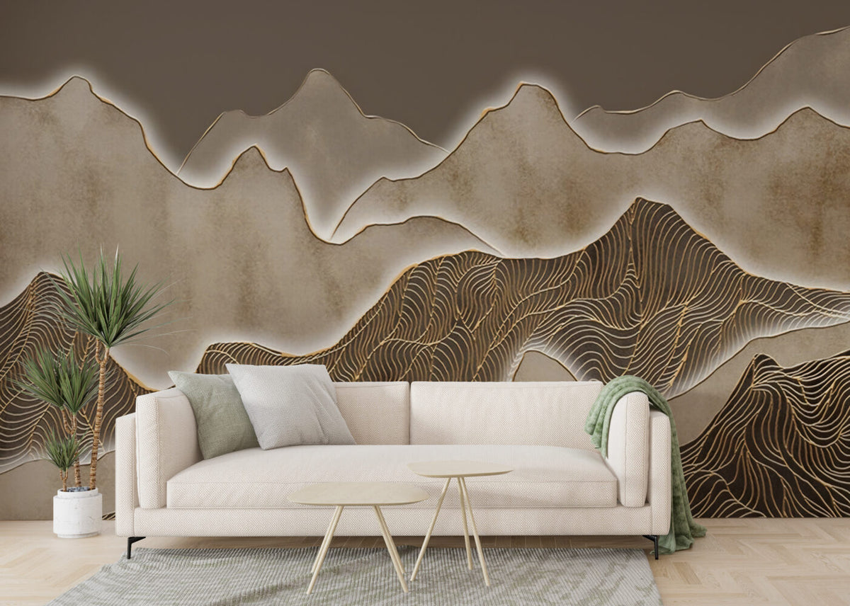 Gold Line Mountains Wallpaper : 3D Taupe Ridge Mural - View 2
