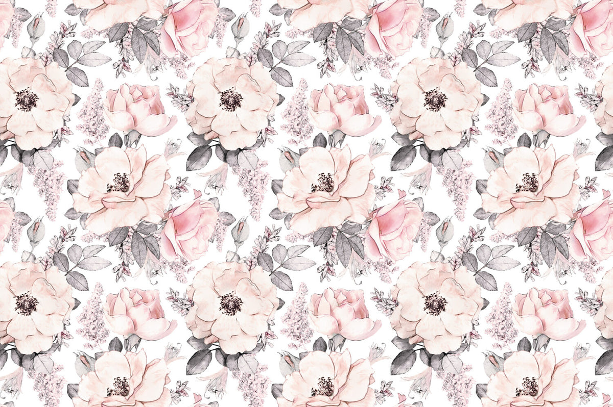Pink Wild Rose Wallpaper : Grey Leaf Floral Pattern - View 2
