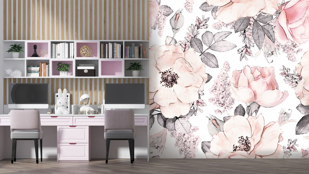 Pink Wild Rose Wallpaper : Grey Leaf Floral Pattern - View 3