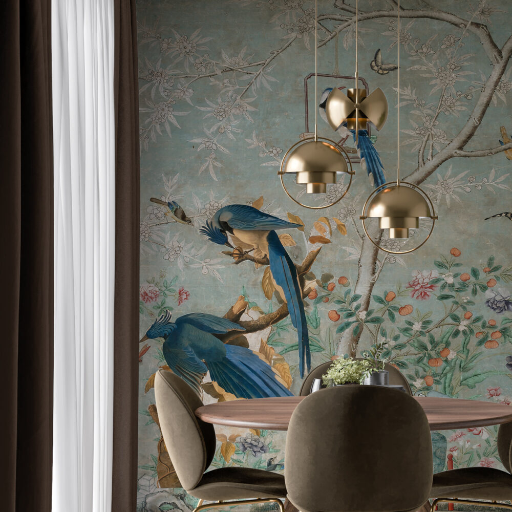 Blue Bird Chinoiserie Wallpaper : Vintage Branches and Blossoms Mural - View 2