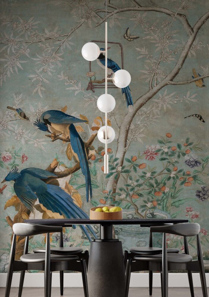 Blue Bird Chinoiserie Wallpaper : Vintage Branches and Blossoms Mural - View 4