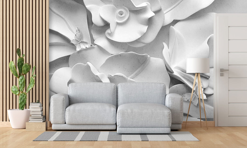 White 3D Rose Wallpaper : Sculpted Plaster Flowers Mural - View 2