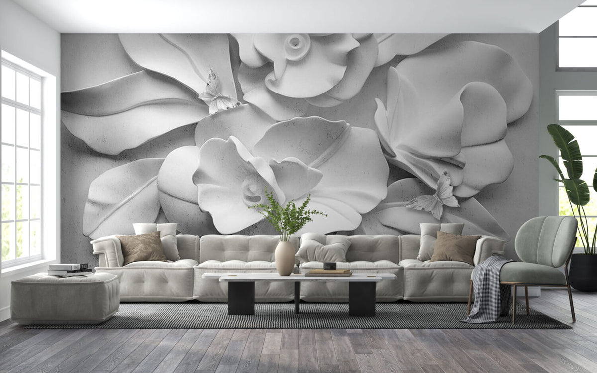 White 3D Rose Wallpaper : Sculpted Plaster Flowers Mural
