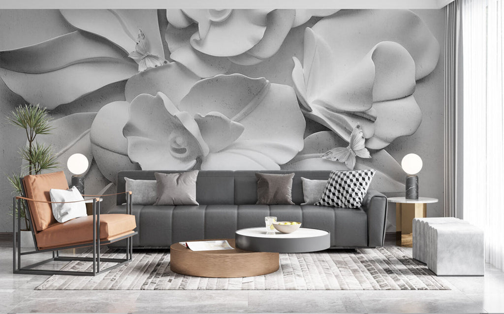 White 3D Rose Wallpaper : Sculpted Plaster Flowers Mural - View 3
