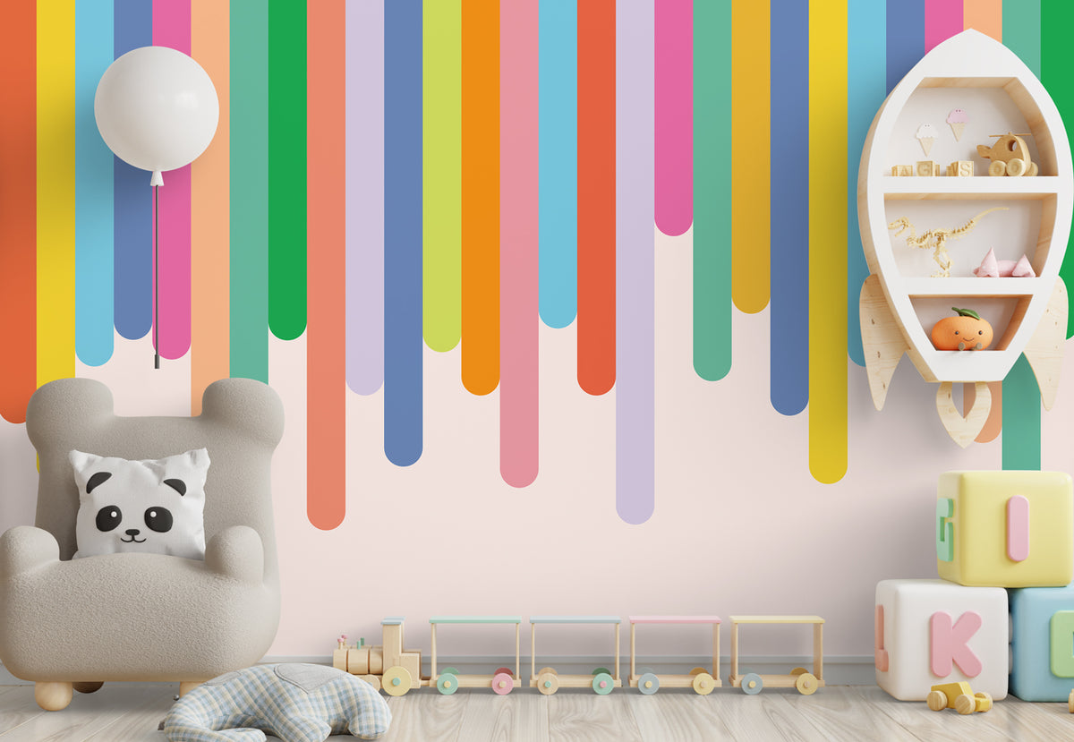 Rainbow Drip Stripes Wallpaper : Hanging Colour Panels Kids Mural - View 4
