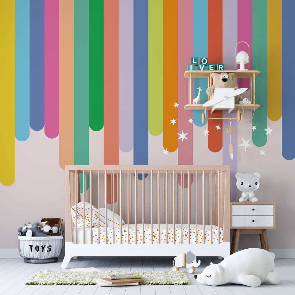 Rainbow Drip Stripes Wallpaper : Hanging Colour Panels Kids Mural