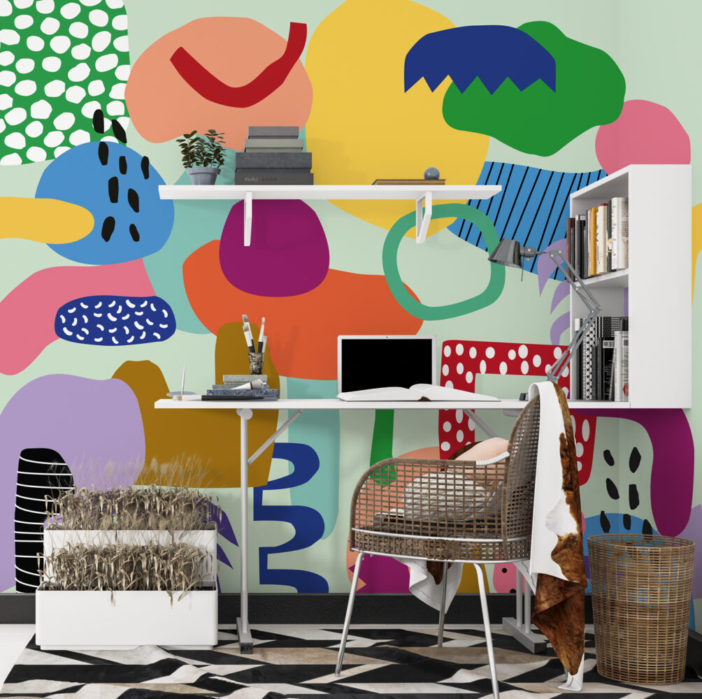 Colourful Abstract Shapes Wallpaper : Playful Kids Collage Mural - View 3