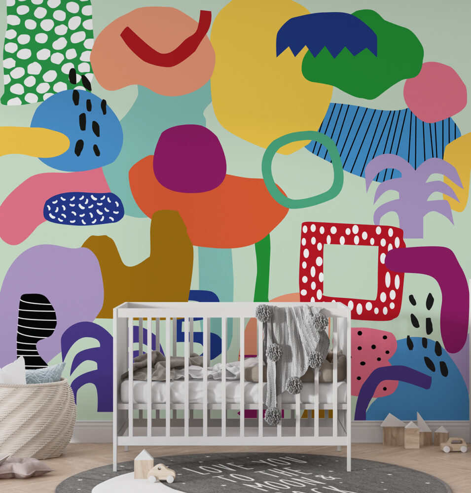 Colourful Abstract Shapes Wallpaper : Playful Kids Collage Mural - View 2