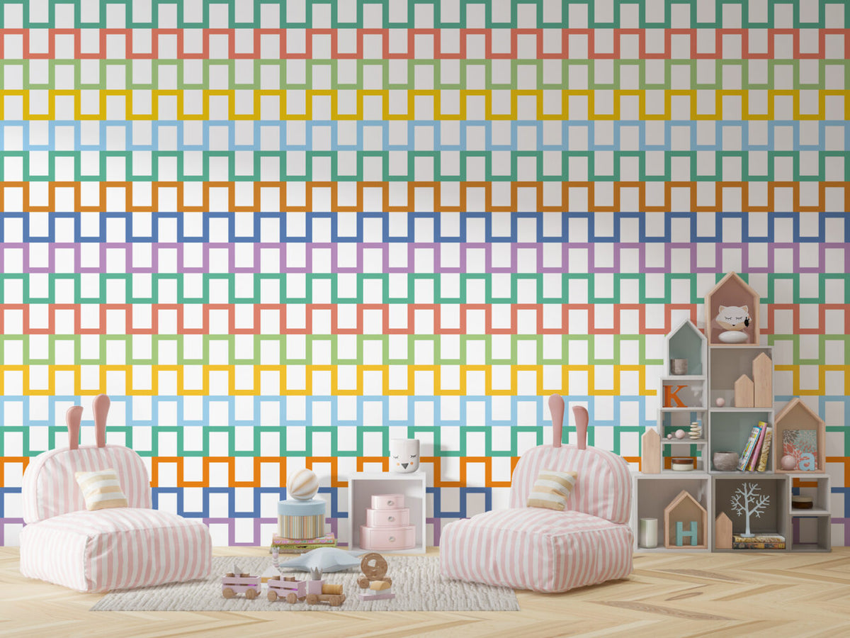 Rainbow Greek Key Wallpaper : Pastel Lattice Pattern Mural - View 3