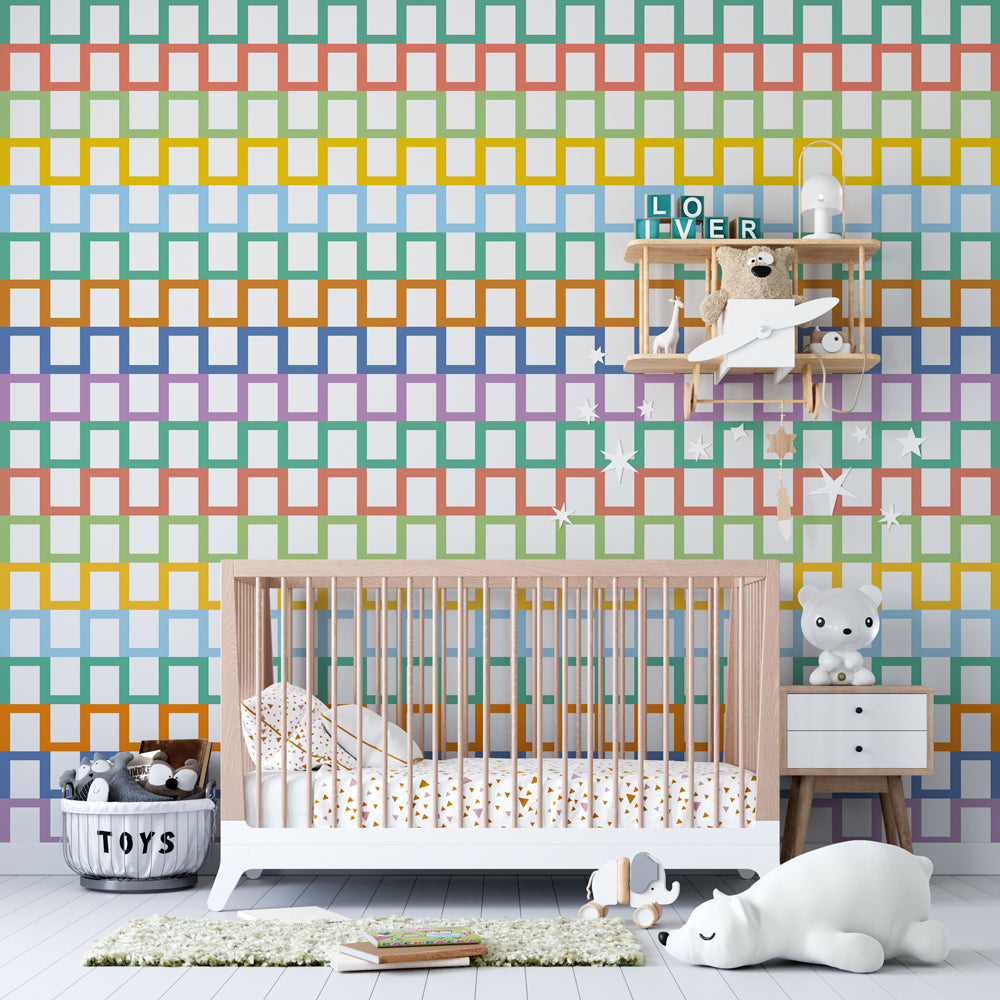 Rainbow Greek Key Wallpaper : Pastel Lattice Pattern Mural - View 2